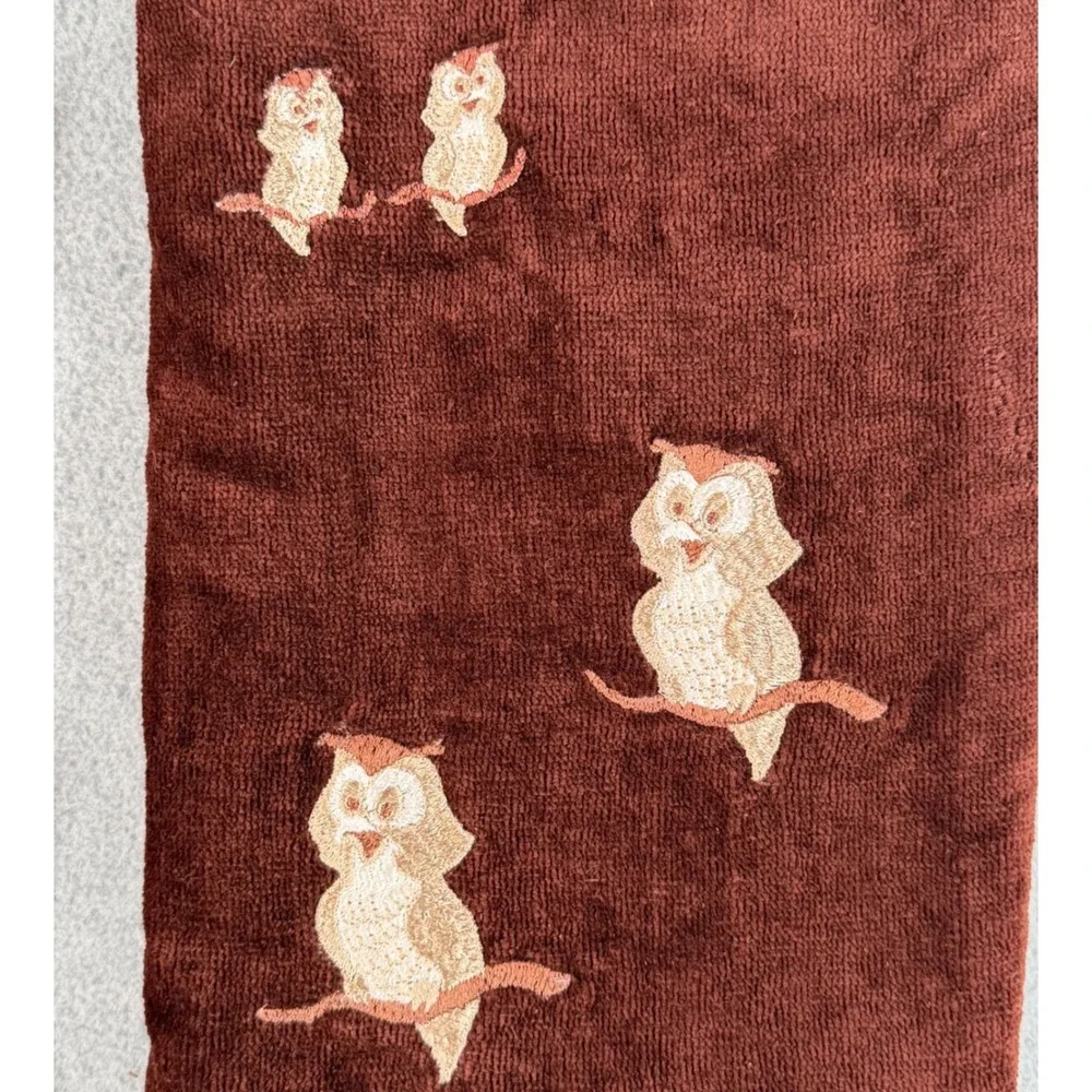 Martex Owl Bath Hand Towel Washcloth Set Brown‎ Vintage Embroidered 3 Piece MCM